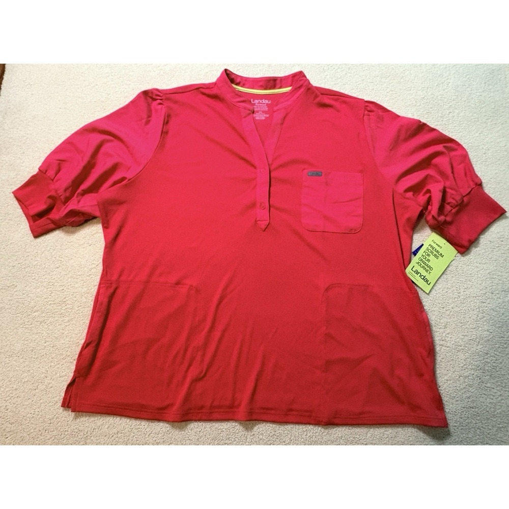 Landau Forward Berry  Ribbed Knit Mandarin Split Collar 3/4 Sleeve Scrub Top 3X